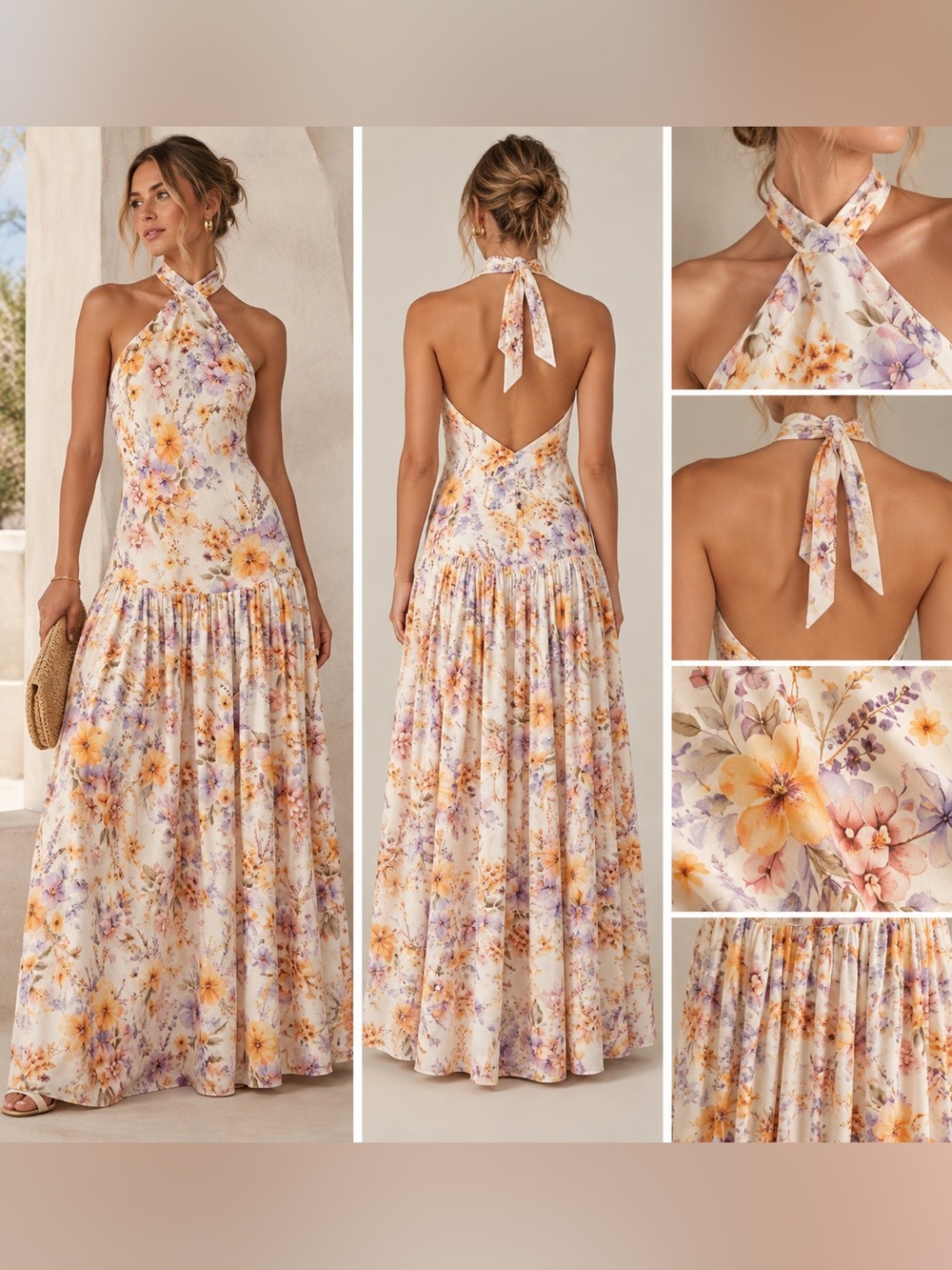 NWT Aqua Blu Lilas Floral Silk Cotton Halter Maxi Dress M